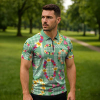 Hawaiian Leis Zipper Polo Shirt Kakau Tattoos and Palaka Pastel Green Color