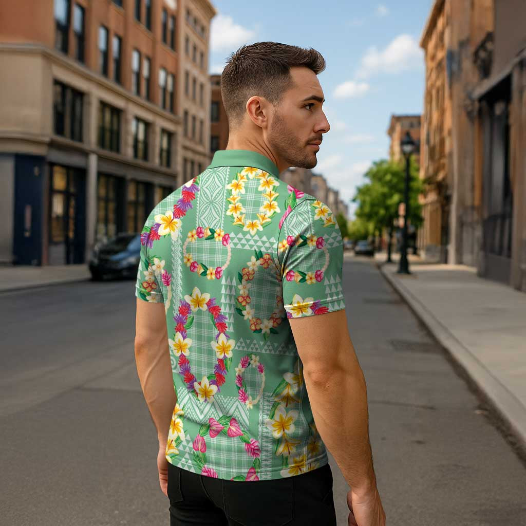 Hawaiian Leis Zipper Polo Shirt Kakau Tattoos and Palaka Pastel Green Color