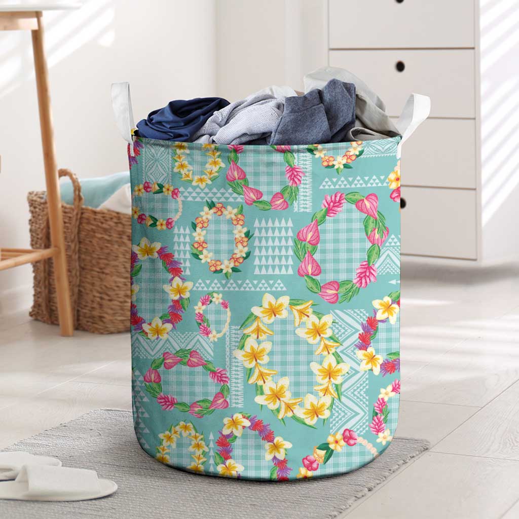 Hawaiian Leis Laundry Basket Kakau Tattoos and Palaka Pastel Teal Color