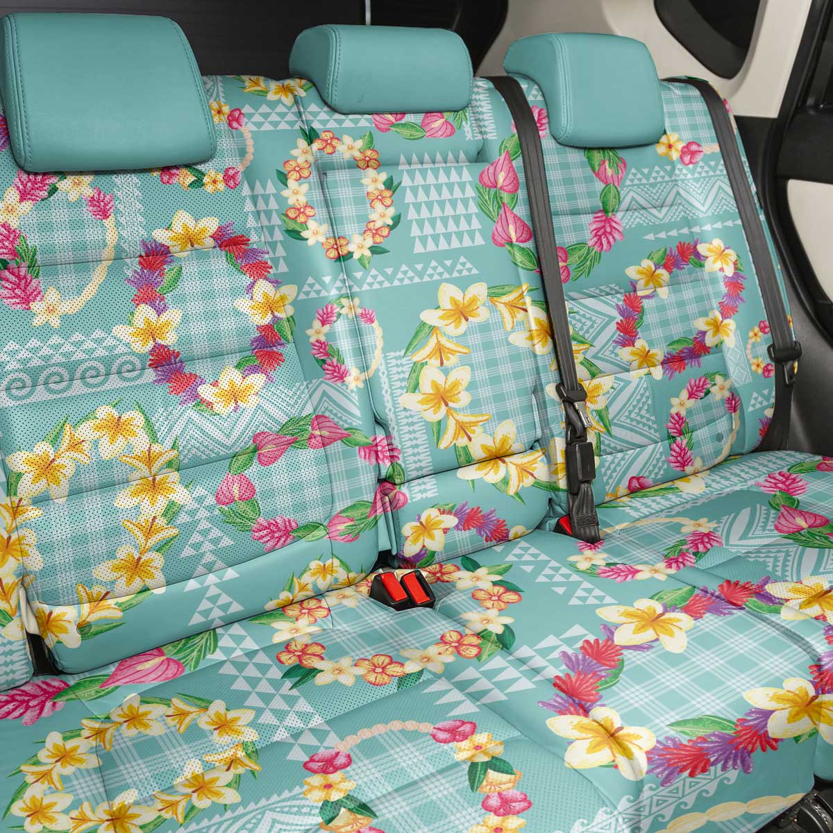 Hawaiian Leis Back Car Seat Cover Kakau Tattoos and Palaka Pastel Teal Color