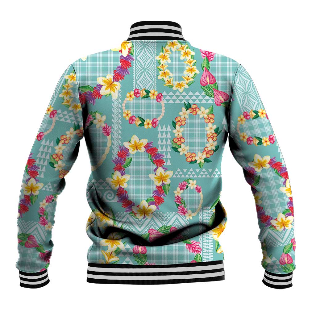 Hawaiian Leis Baseball Jacket Kakau Tattoos and Palaka Pastel Teal Color