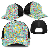Hawaiian Leis Baseball Net Cap Kakau Tattoos and Palaka Pastel Teal Color
