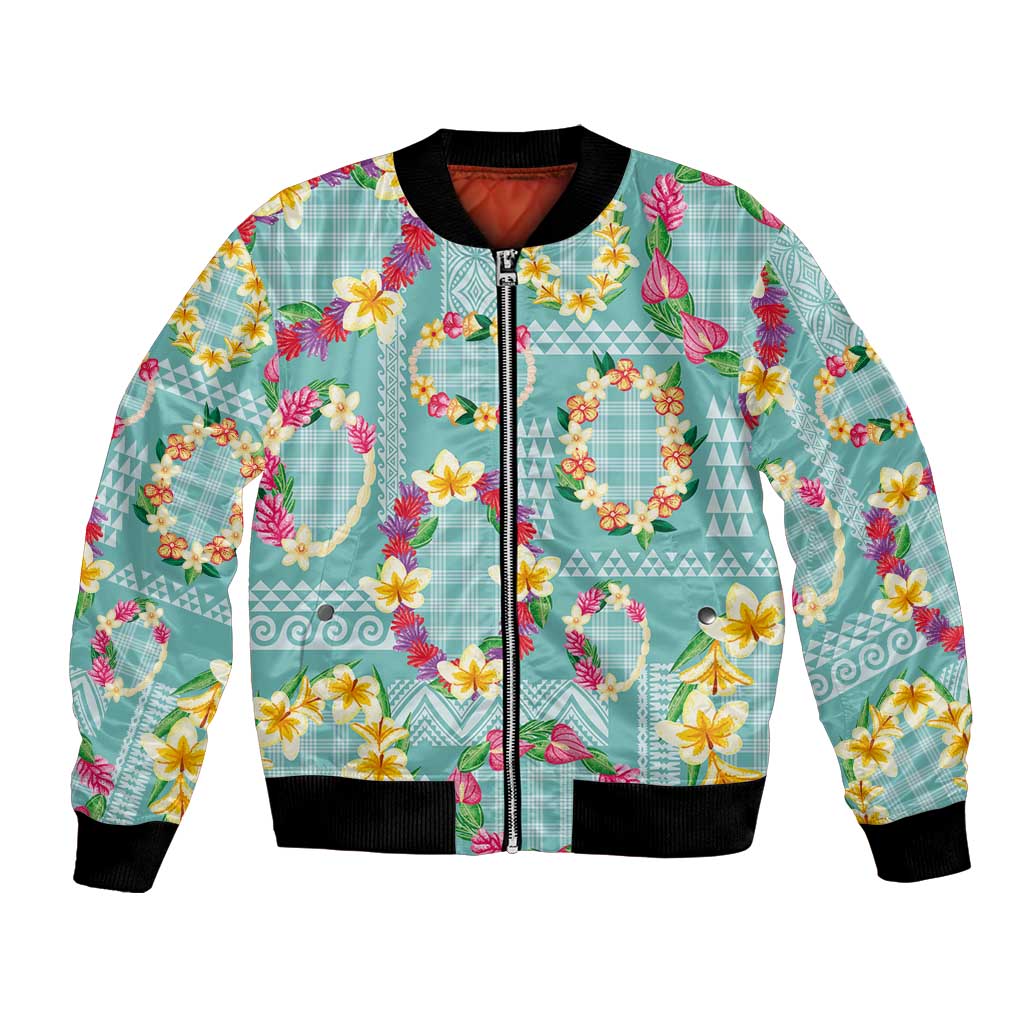 Hawaiian Leis Bomber Jacket Kakau Tattoos and Palaka Pastel Teal Color