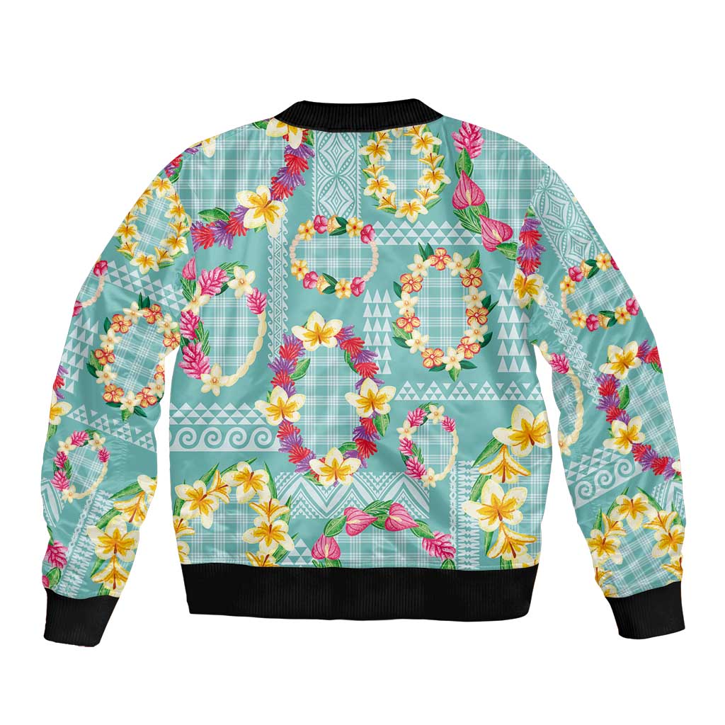 Hawaiian Leis Bomber Jacket Kakau Tattoos and Palaka Pastel Teal Color