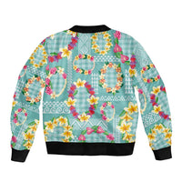 Hawaiian Leis Bomber Jacket Kakau Tattoos and Palaka Pastel Teal Color