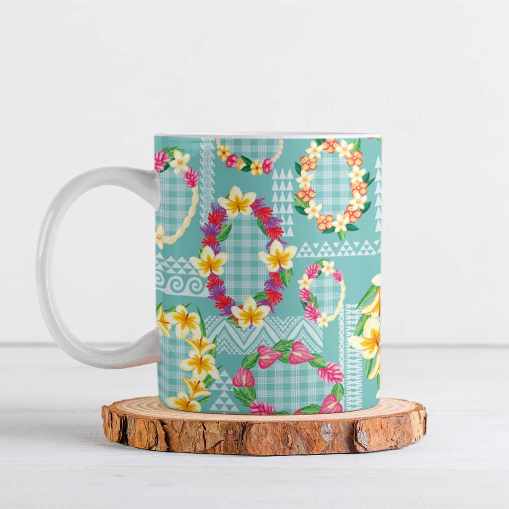 Hawaiian Leis Ceramic Mug Kakau Tattoos and Palaka Pastel Teal Color