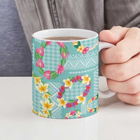 Hawaiian Leis Ceramic Mug Kakau Tattoos and Palaka Pastel Teal Color