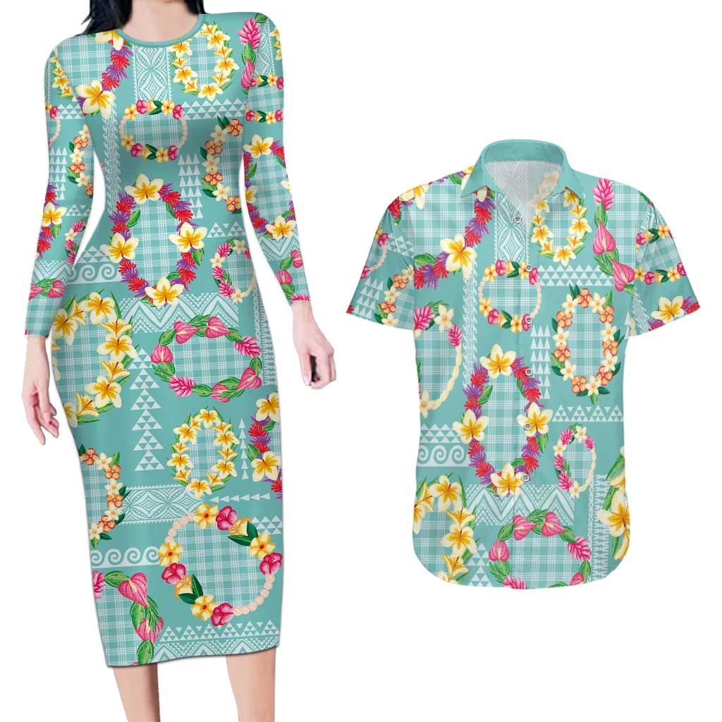 Hawaiian Leis Couples Matching Long Sleeve Bodycon Dress and Hawaiian Shirt Kakau Tattoos and Palaka Pastel Teal Color