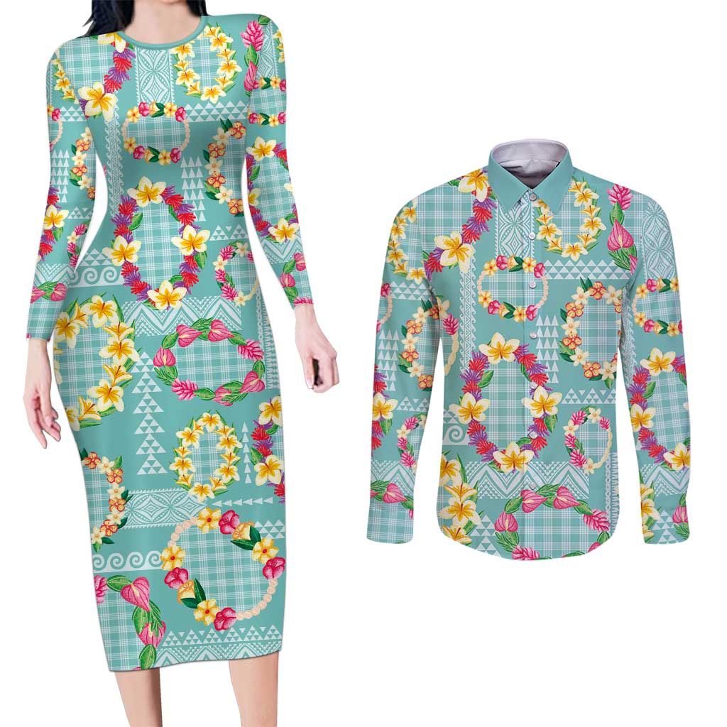 Hawaiian Leis Couples Matching Long Sleeve Bodycon Dress and Long Sleeve Button Shirt Kakau Tattoos and Palaka Pastel Teal Color LT03 Teal - Polynesian Pride