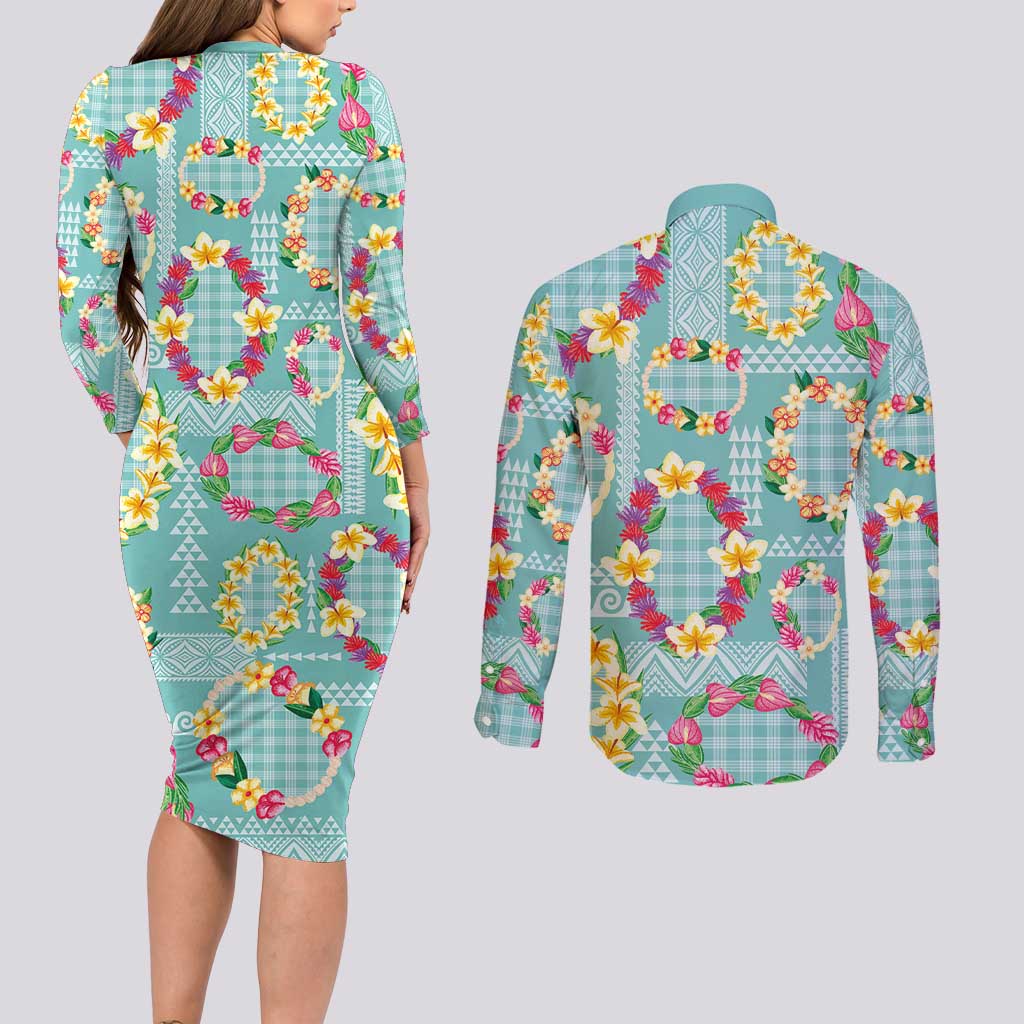 Hawaiian Leis Couples Matching Long Sleeve Bodycon Dress and Long Sleeve Button Shirt Kakau Tattoos and Palaka Pastel Teal Color LT03 - Polynesian Pride