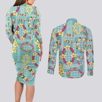 Hawaiian Leis Couples Matching Long Sleeve Bodycon Dress and Long Sleeve Button Shirt Kakau Tattoos and Palaka Pastel Teal Color LT03 - Polynesian Pride