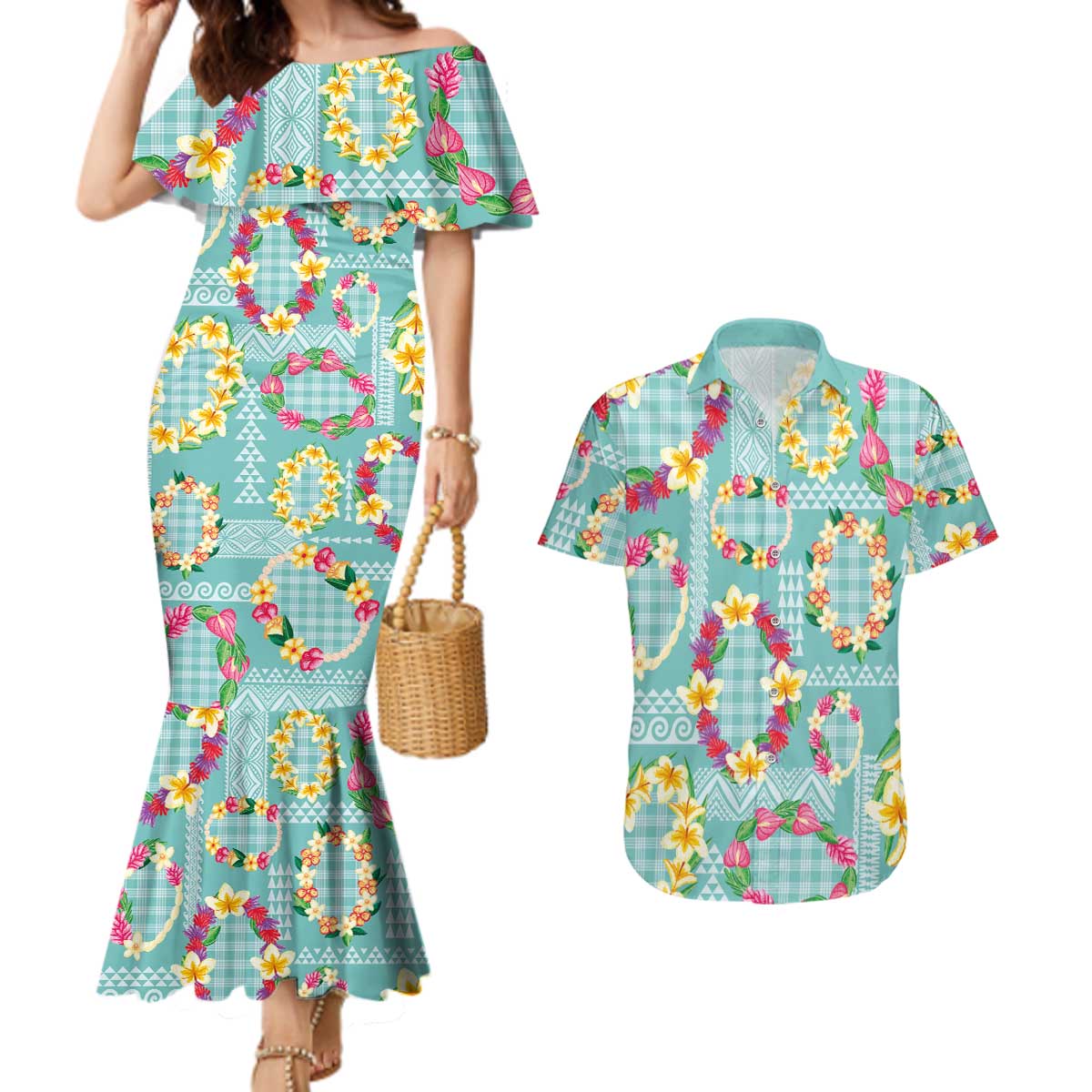 Hawaiian Leis Couples Matching Mermaid Dress and Hawaiian Shirt Kakau Tattoos and Palaka Pastel Teal Color LT03 Teal - Polynesian Pride