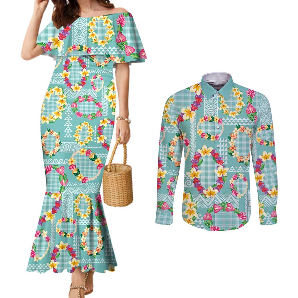 Hawaiian Leis Couples Matching Mermaid Dress and Long Sleeve Button Shirt Kakau Tattoos and Palaka Pastel Teal Color