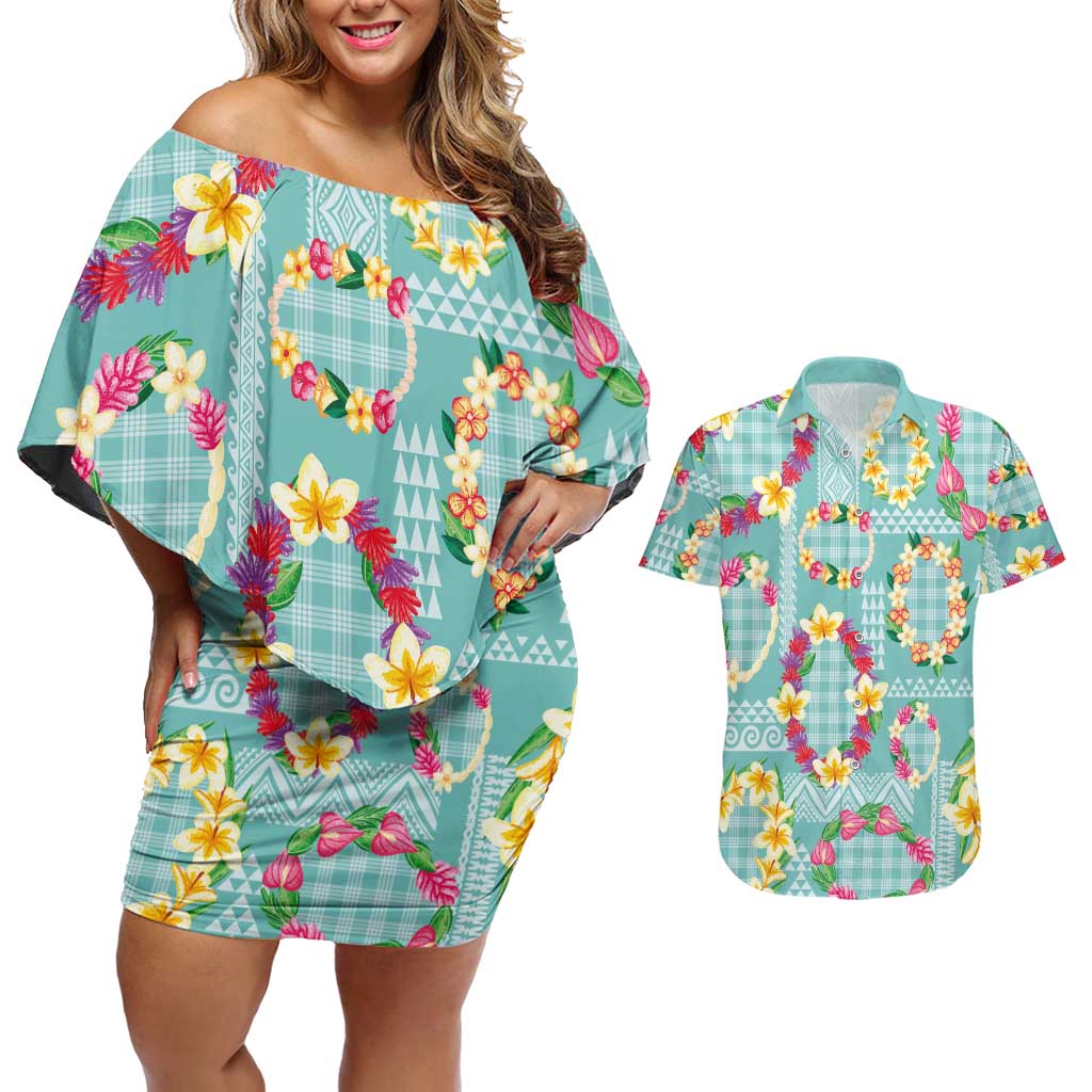 Hawaiian Leis Couples Matching Off Shoulder Short Dress and Hawaiian Shirt Kakau Tattoos and Palaka Pastel Teal Color LT03 Teal - Polynesian Pride