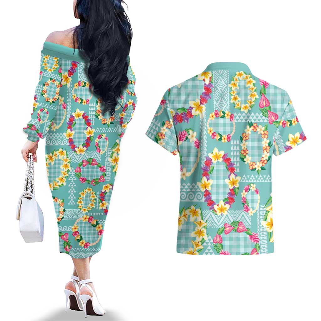 Hawaiian Leis Couples Matching Off The Shoulder Long Sleeve Dress and Hawaiian Shirt Kakau Tattoos and Palaka Pastel Teal Color LT03 - Polynesian Pride