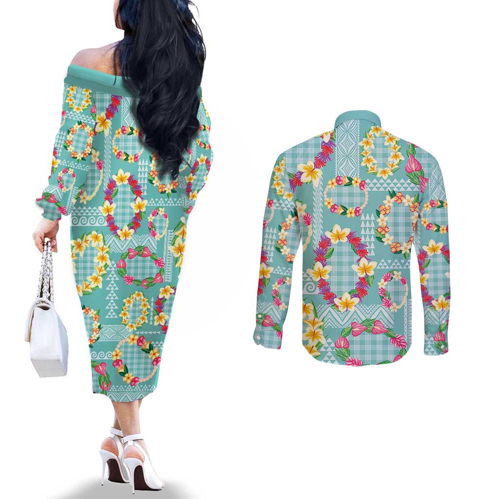 Hawaiian Leis Couples Matching Off The Shoulder Long Sleeve Dress and Long Sleeve Button Shirt Kakau Tattoos and Palaka Pastel Teal Color LT03 - Polynesian Pride