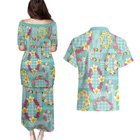 Hawaiian Leis Couples Matching Puletasi and Hawaiian Shirt Kakau Tattoos and Palaka Pastel Teal Color