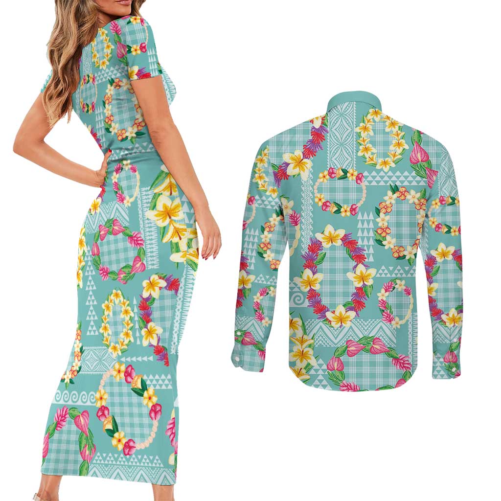 Hawaiian Leis Couples Matching Short Sleeve Bodycon Dress and Long Sleeve Button Shirt Kakau Tattoos and Palaka Pastel Teal Color LT03 - Polynesian Pride