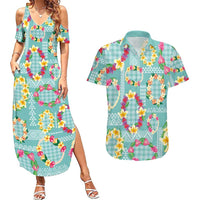 Hawaiian Leis Couples Matching Summer Maxi Dress and Hawaiian Shirt Kakau Tattoos and Palaka Pastel Teal Color LT03 Teal - Polynesian Pride