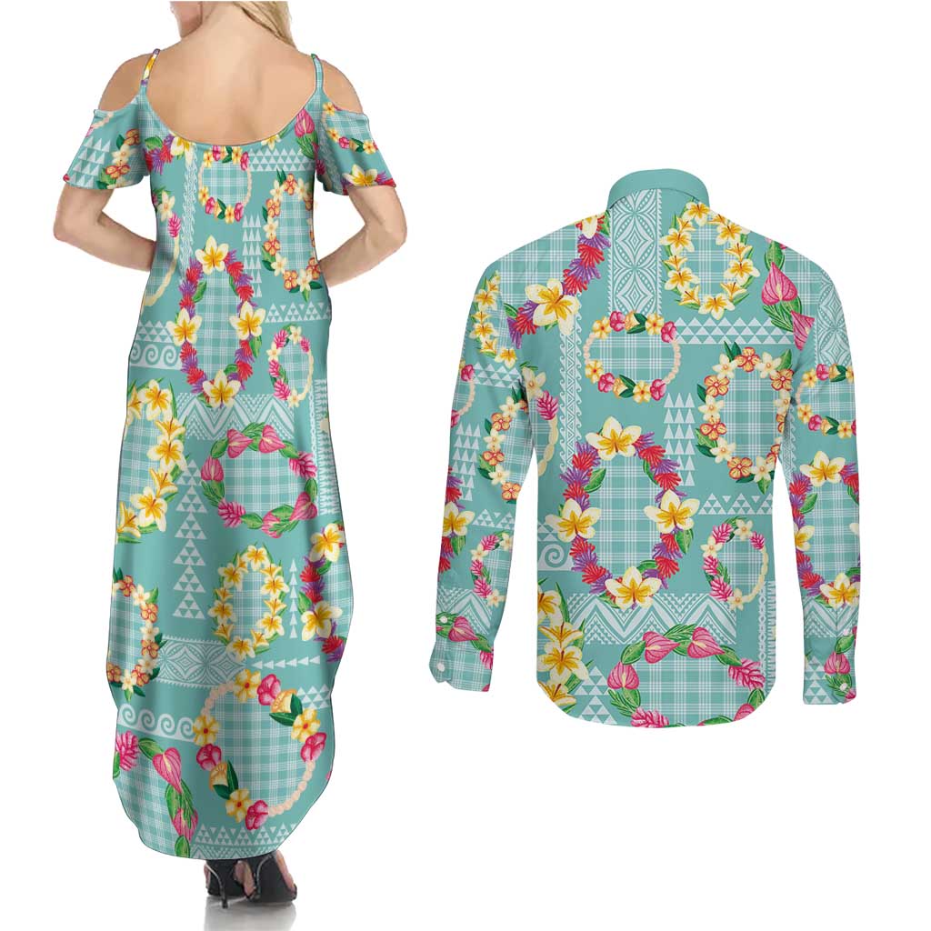 Hawaiian Leis Couples Matching Summer Maxi Dress and Long Sleeve Button Shirt Kakau Tattoos and Palaka Pastel Teal Color