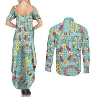 Hawaiian Leis Couples Matching Summer Maxi Dress and Long Sleeve Button Shirt Kakau Tattoos and Palaka Pastel Teal Color