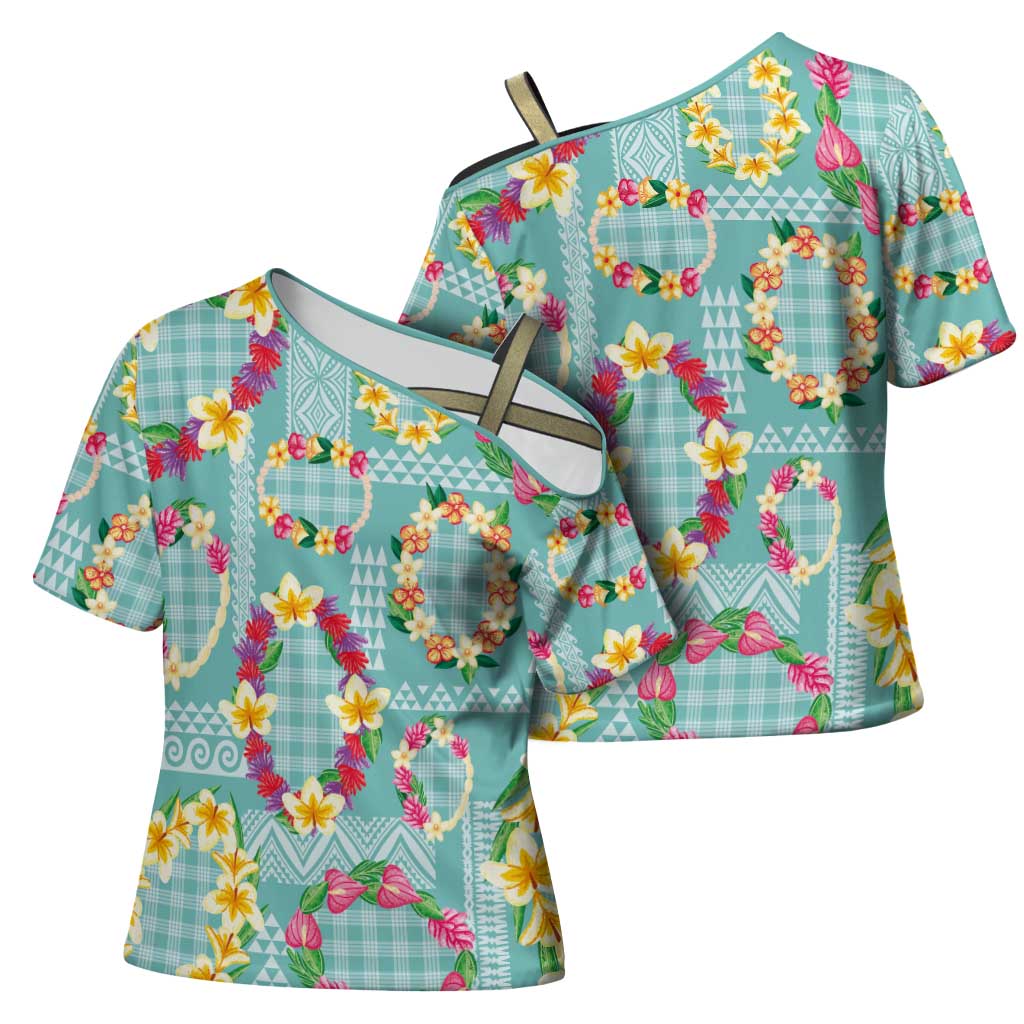 Hawaiian Leis Cross Shoulder Shirt Kakau Tattoos and Palaka Pastel Teal Color