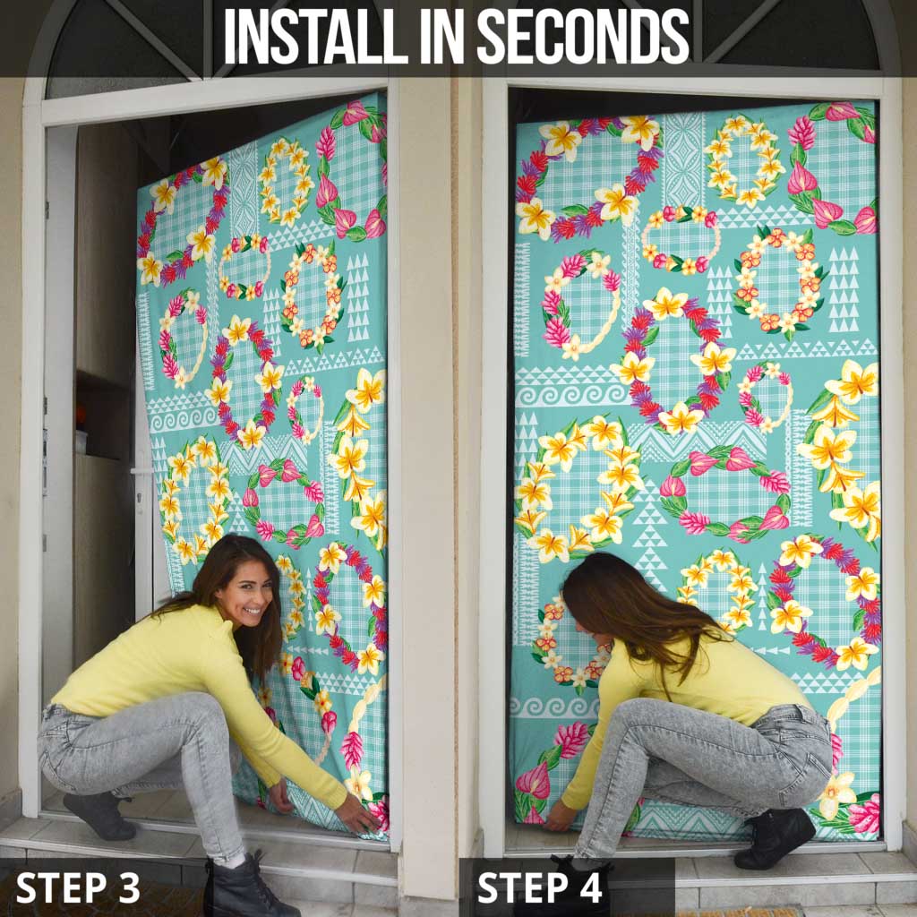 Hawaiian Leis Door Cover Kakau Tattoos and Palaka Pastel Teal Color