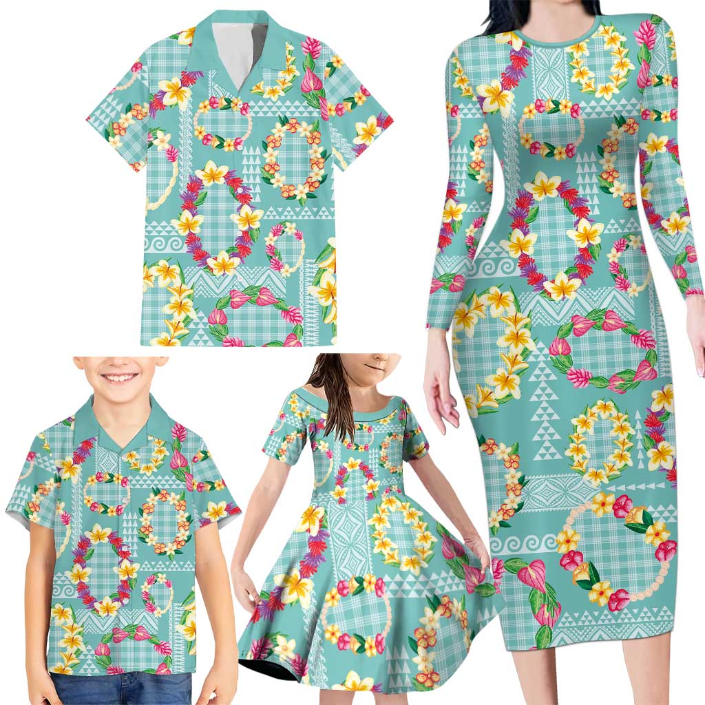 Hawaiian Leis Family Matching Long Sleeve Bodycon Dress and Hawaiian Shirt Kakau Tattoos and Palaka Pastel Teal Color LT03 - Polynesian Pride