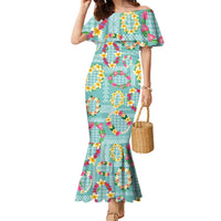 Hawaiian Leis Family Matching Mermaid Dress and Hawaiian Shirt Kakau Tattoos and Palaka Pastel Teal Color LT03 Mom's Dress Teal - Polynesian Pride