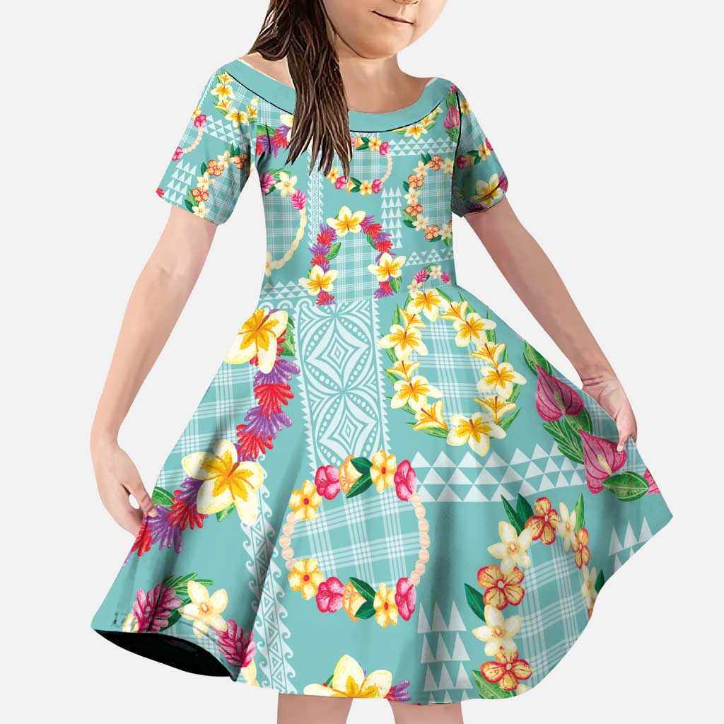 Hawaiian Leis Family Matching Off The Shoulder Long Sleeve Dress and Hawaiian Shirt Kakau Tattoos and Palaka Pastel Teal Color LT03 Daughter's Dress Teal - Polynesian Pride