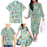 Hawaiian Leis Family Matching Off The Shoulder Long Sleeve Dress and Hawaiian Shirt Kakau Tattoos and Palaka Pastel Teal Color LT03 - Polynesian Pride