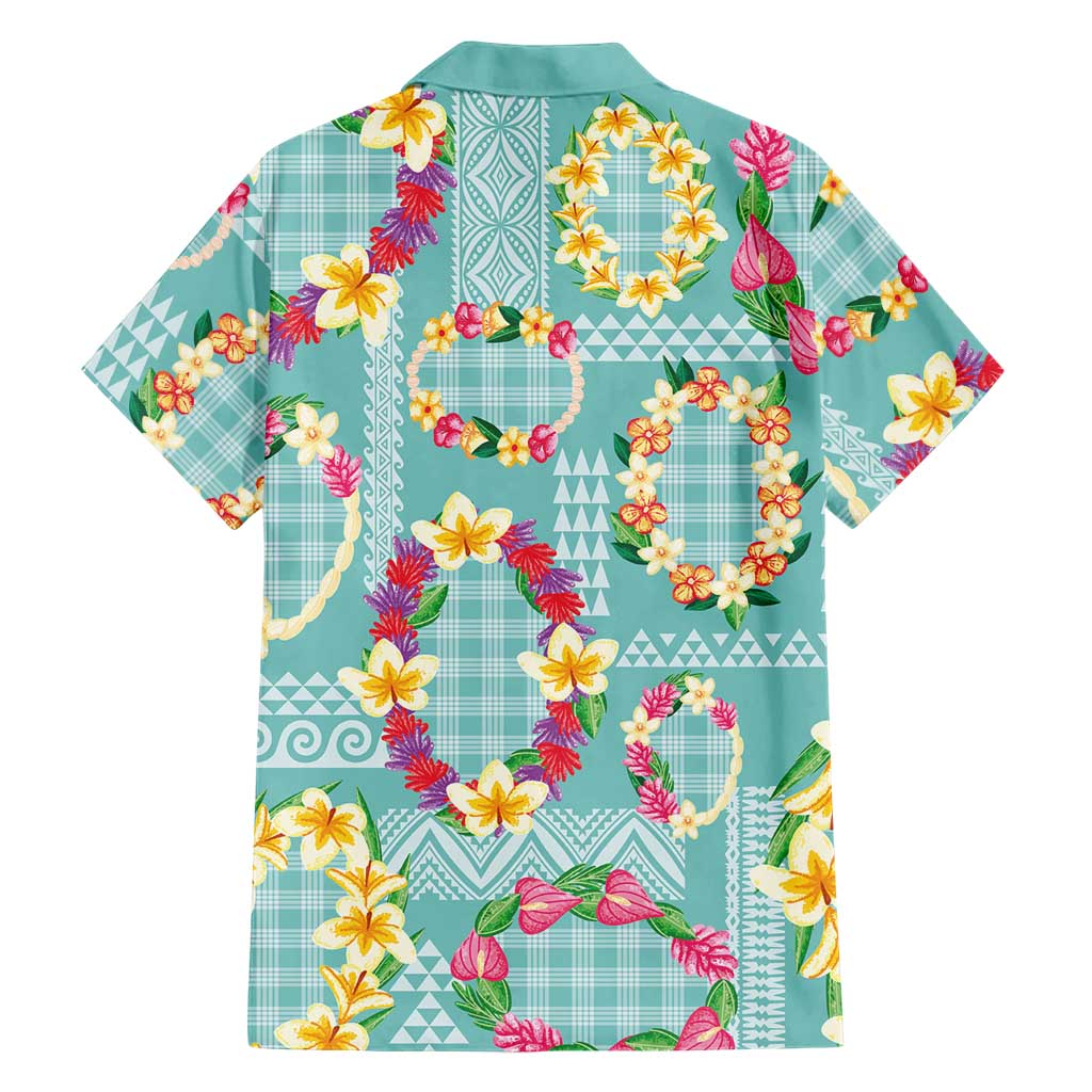 Hawaiian Leis Family Matching Off The Shoulder Long Sleeve Dress and Hawaiian Shirt Kakau Tattoos and Palaka Pastel Teal Color LT03 - Polynesian Pride