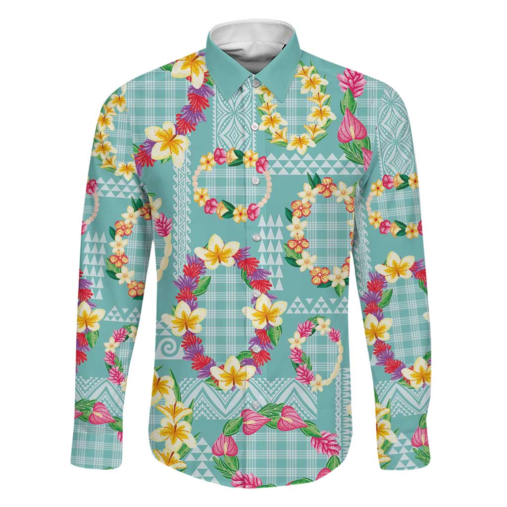Hawaiian Leis Family Matching Off The Shoulder Long Sleeve Dress and Hawaiian Shirt Kakau Tattoos and Palaka Pastel Teal Color LT03 Dad's Shirt - Long Sleeve Teal - Polynesian Pride