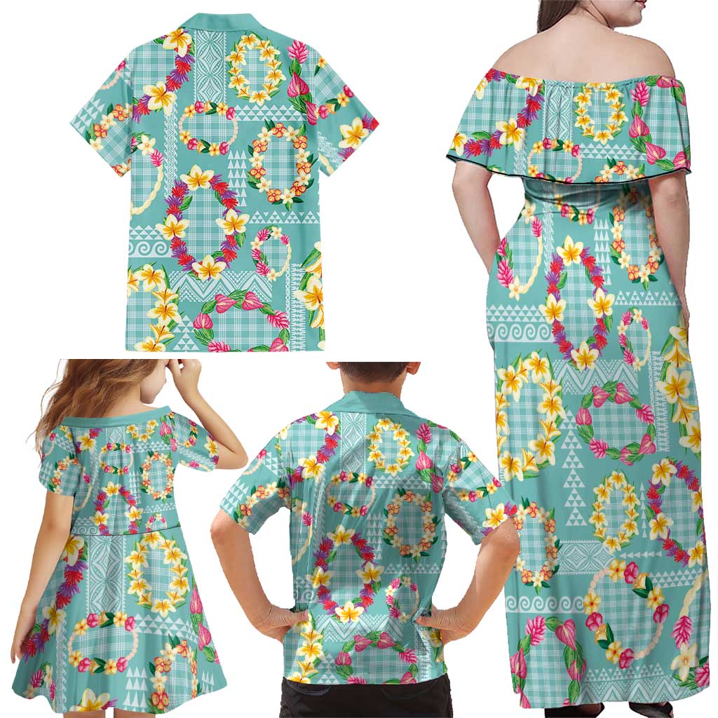 Hawaiian Leis Family Matching Off Shoulder Maxi Dress and Hawaiian Shirt Kakau Tattoos and Palaka Pastel Teal Color LT03 - Polynesian Pride