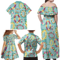 Hawaiian Leis Family Matching Off Shoulder Maxi Dress and Hawaiian Shirt Kakau Tattoos and Palaka Pastel Teal Color LT03 - Polynesian Pride