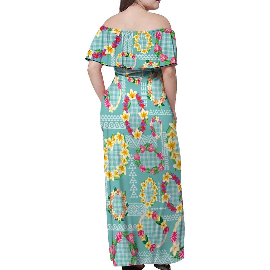 Hawaiian Leis Family Matching Off Shoulder Maxi Dress and Hawaiian Shirt Kakau Tattoos and Palaka Pastel Teal Color LT03 - Polynesian Pride