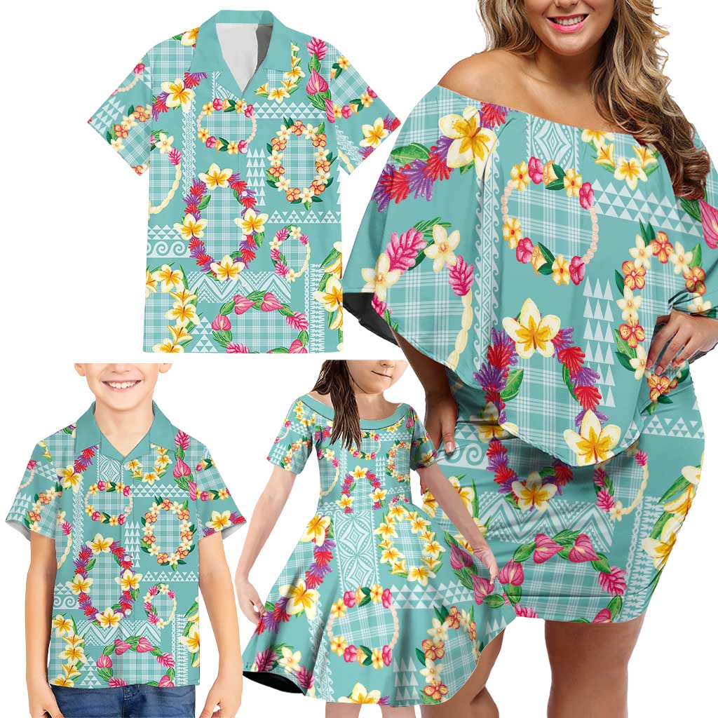 Hawaiian Leis Family Matching Off Shoulder Short Dress and Hawaiian Shirt Kakau Tattoos and Palaka Pastel Teal Color LT03 - Polynesian Pride