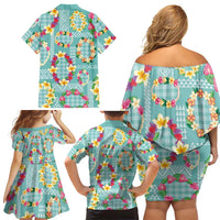 Hawaiian Leis Family Matching Off Shoulder Short Dress and Hawaiian Shirt Kakau Tattoos and Palaka Pastel Teal Color LT03 - Polynesian Pride