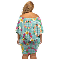 Hawaiian Leis Family Matching Off Shoulder Short Dress and Hawaiian Shirt Kakau Tattoos and Palaka Pastel Teal Color LT03 - Polynesian Pride