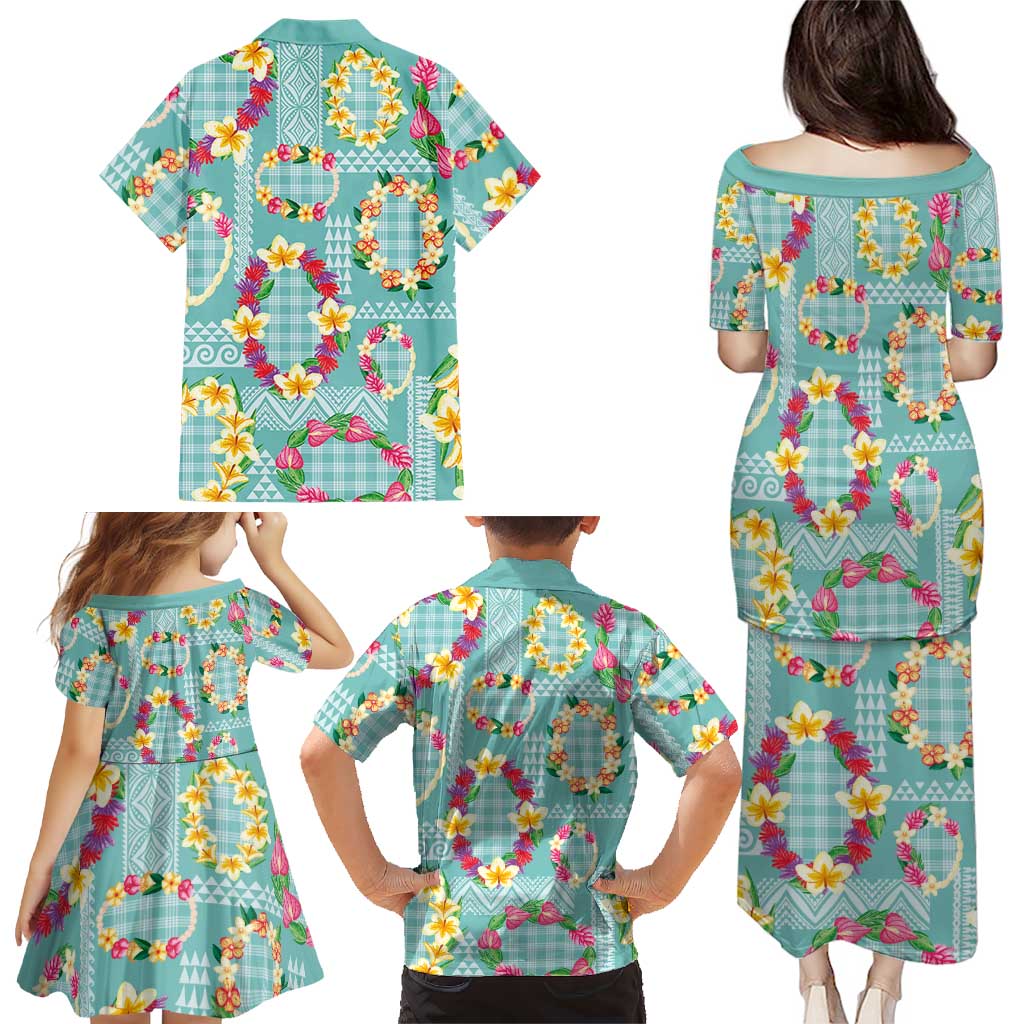 Hawaiian Leis Family Matching Puletasi and Hawaiian Shirt Kakau Tattoos and Palaka Pastel Teal Color LT03 - Polynesian Pride
