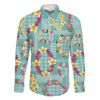 Hawaiian Leis Family Matching Puletasi and Hawaiian Shirt Kakau Tattoos and Palaka Pastel Teal Color LT03 Dad's Shirt - Long Sleeve Teal - Polynesian Pride