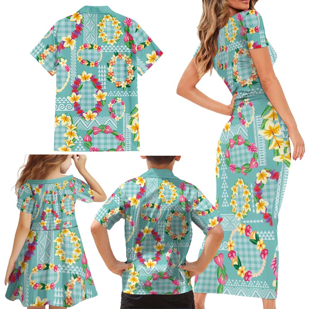 Hawaiian Leis Family Matching Short Sleeve Bodycon Dress and Hawaiian Shirt Kakau Tattoos and Palaka Pastel Teal Color LT03 - Polynesian Pride