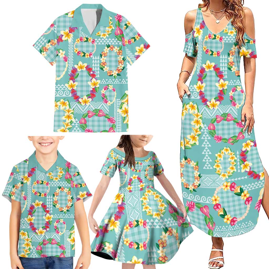 Hawaiian Leis Family Matching Summer Maxi Dress and Hawaiian Shirt Kakau Tattoos and Palaka Pastel Teal Color LT03 - Polynesian Pride