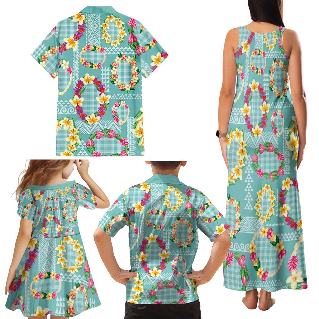 Hawaiian Leis Family Matching Tank Maxi Dress and Hawaiian Shirt Kakau Tattoos and Palaka Pastel Teal Color LT03 - Polynesian Pride