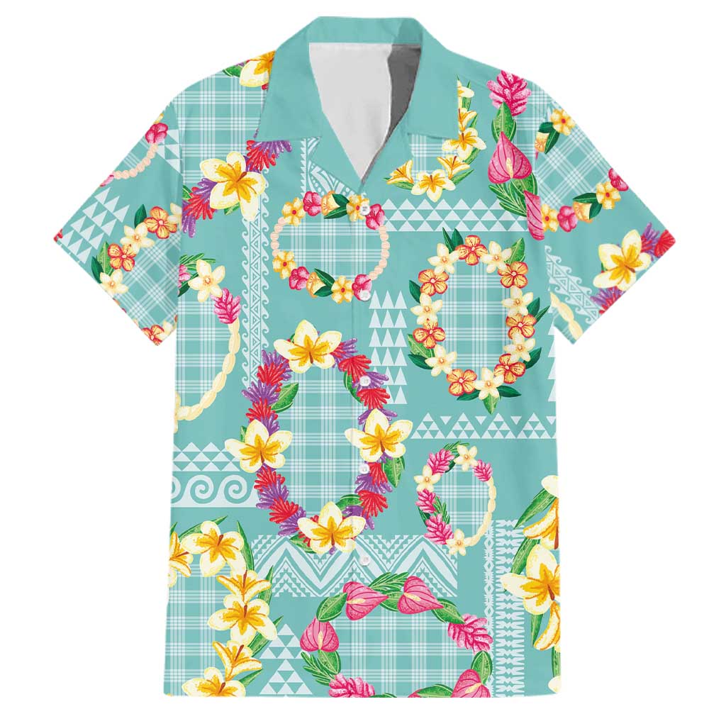 Hawaiian Leis Family Matching Tank Maxi Dress and Hawaiian Shirt Kakau Tattoos and Palaka Pastel Teal Color LT03 Dad's Shirt - Short Sleeve Teal - Polynesian Pride