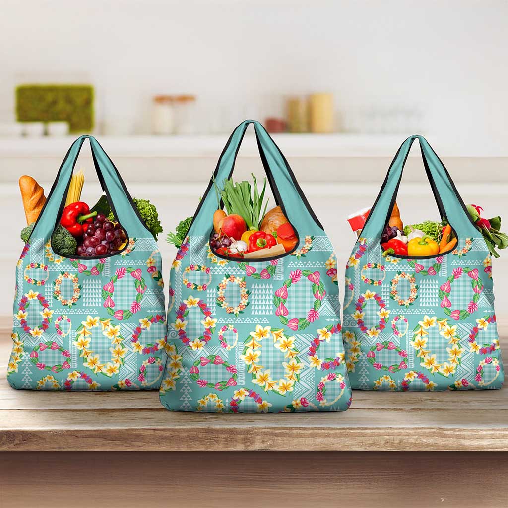 Hawaiian Leis Grocery Bag Kakau Tattoos and Palaka Pastel Teal Color