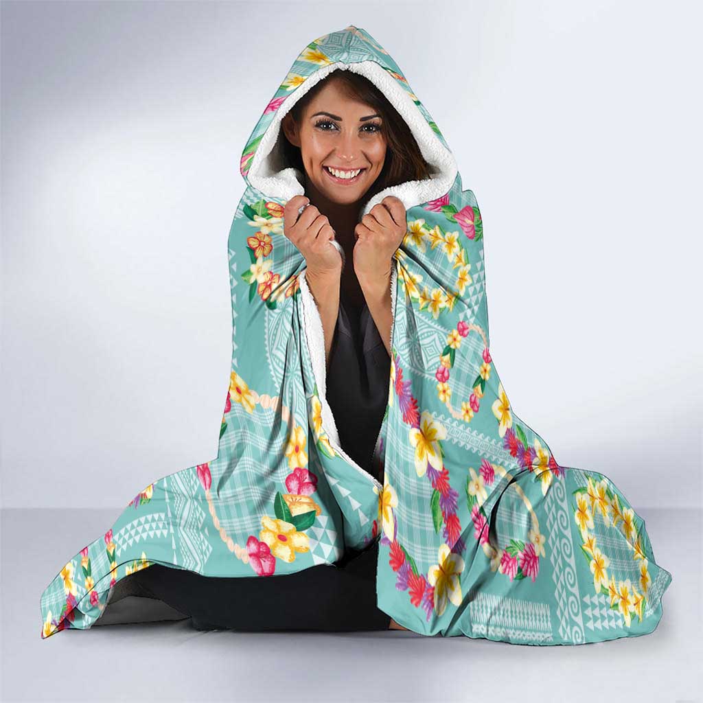 Hawaiian Leis Hooded Blanket Kakau Tattoos and Palaka Pastel Teal Color