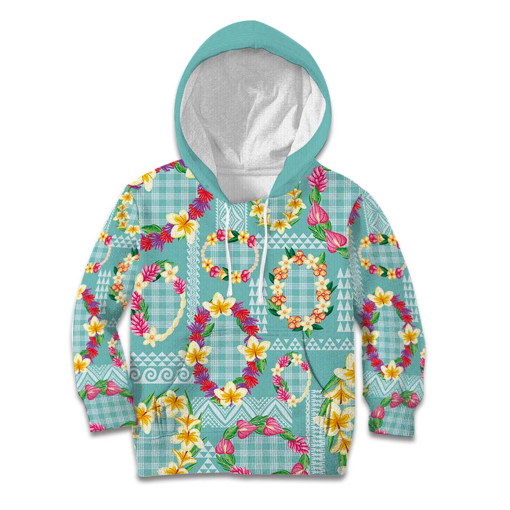 Hawaiian Leis Kid Hoodie Kakau Tattoos and Palaka Pastel Teal Color