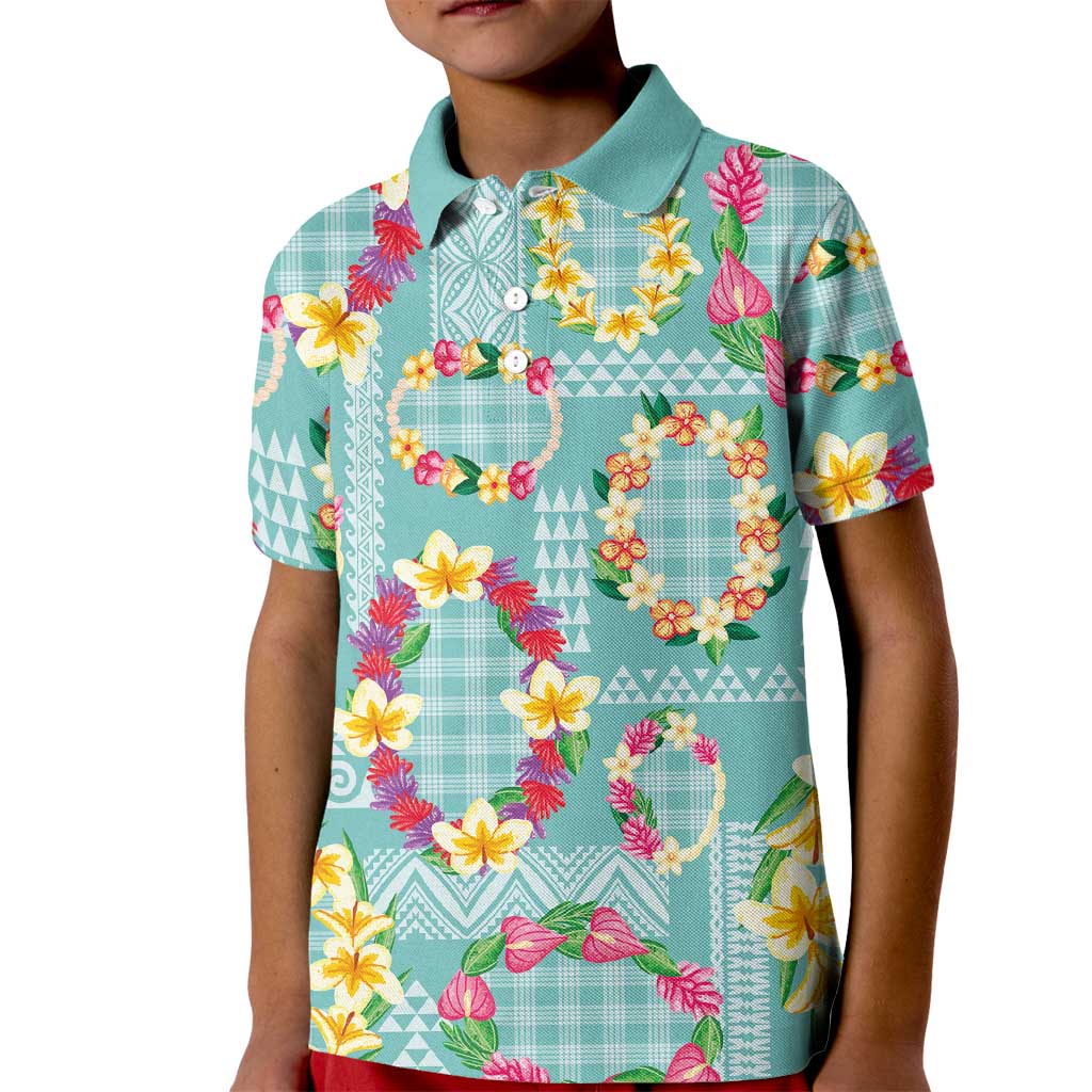 Hawaiian Leis Kid Polo Shirt Kakau Tattoos and Palaka Pastel Teal Color
