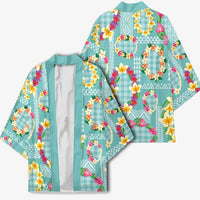 Hawaiian Leis Kimono Kakau Tattoos and Palaka Pastel Teal Color